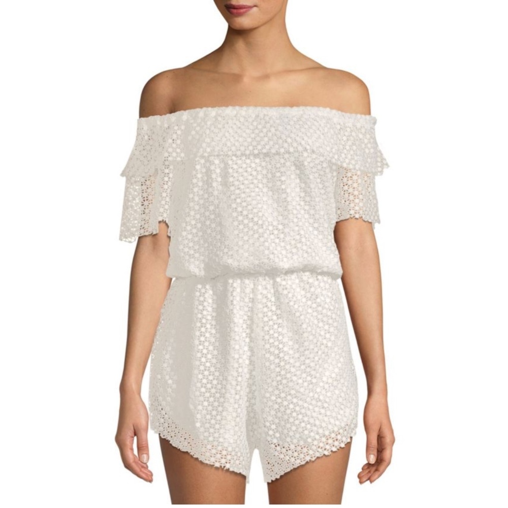 NWT Haute Rogue White Eyelet Lace Off-The-Shoulder Romper Coverup Size Medium